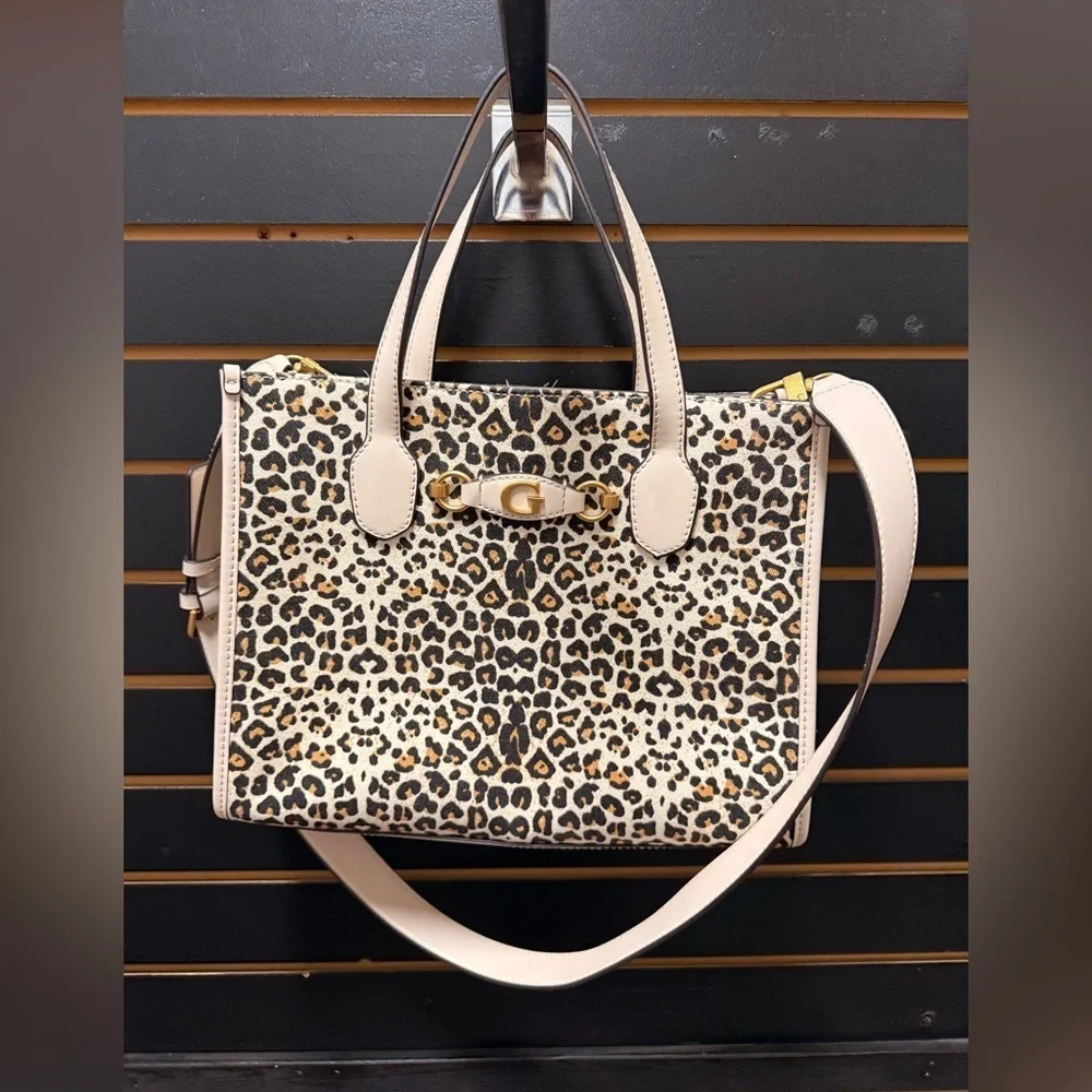 Guess Izzy Leopard Print Satchel Tote Bag Cream Brown Like New